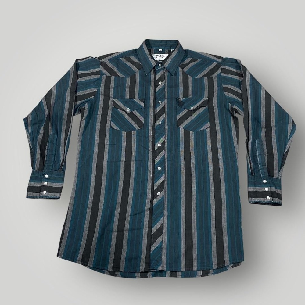 White Horse‎ Shirt Mens Large Blue Gray Striped Western Pearl Snap Long Sleeve